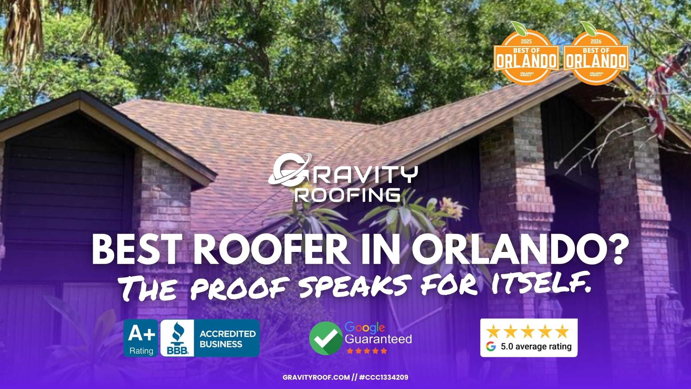 Best roofer in Orlando: Gravity Roofing proof graphic with 2025 and 2026 Best of Orlando badges, BBB accreditation, Google Guaranteed, and 5.0 rating