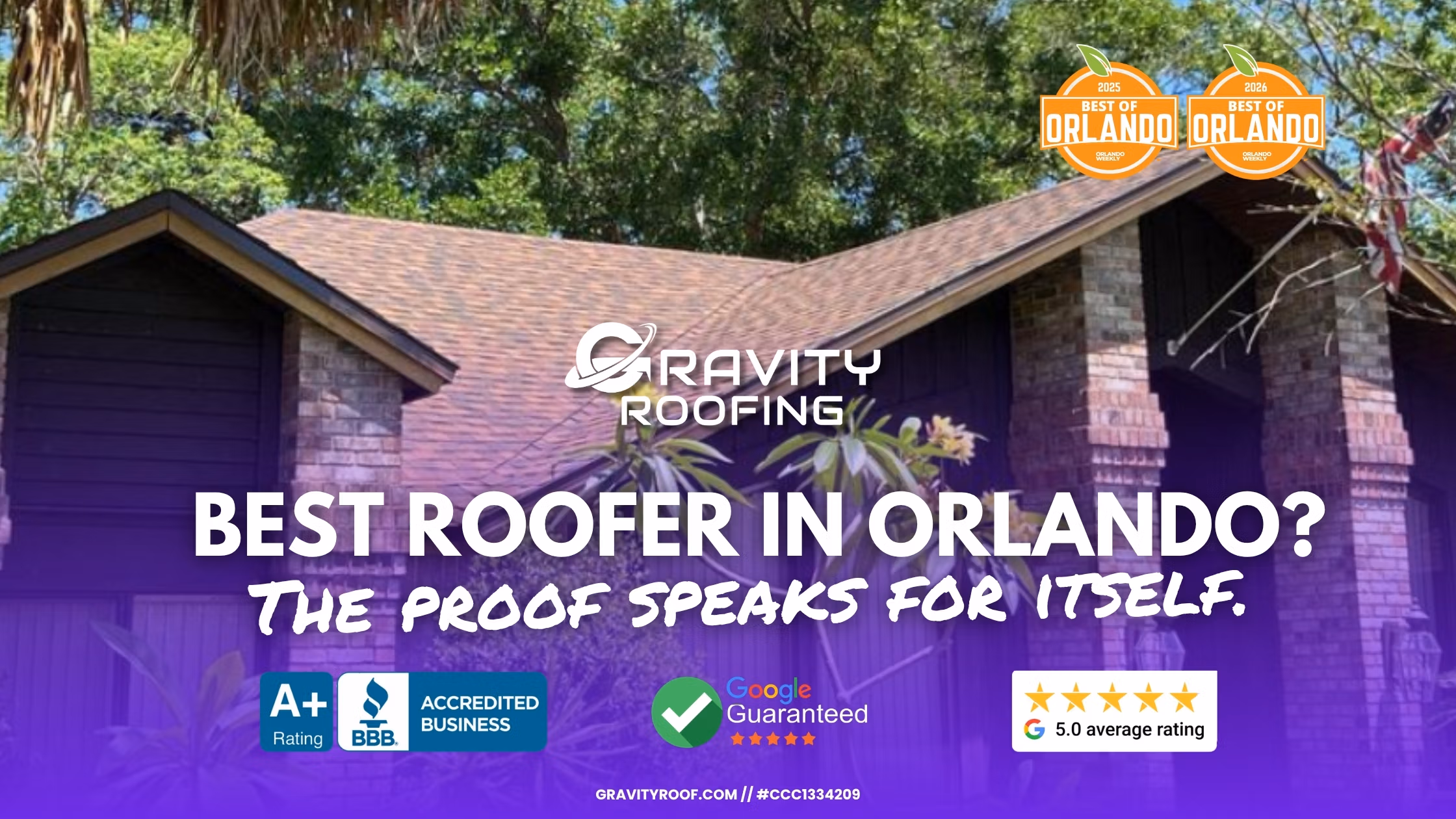 Best roofer in Orlando: Gravity Roofing proof graphic with 2025 and 2026 Best of Orlando badges, BBB accreditation, Google Guaranteed, and 5.0 rating