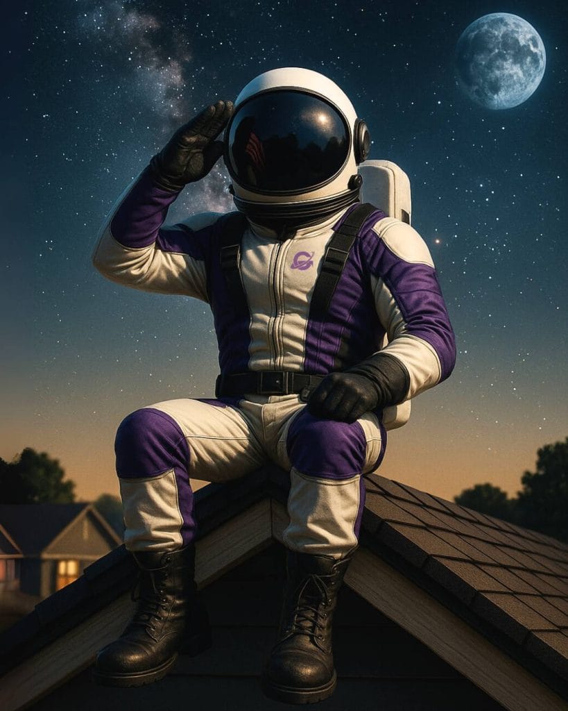 Gravinaut mascot sitting on a roof at night, symbolizing Gravity Roofing’s out-of-this-world service.