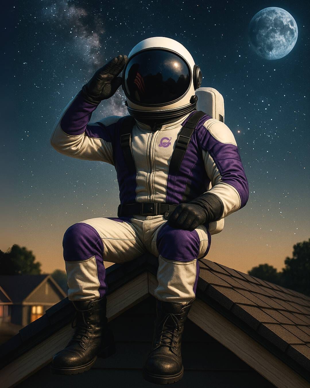 Gravinaut mascot sitting on a roof at night, symbolizing Gravity Roofing’s out-of-this-world service.