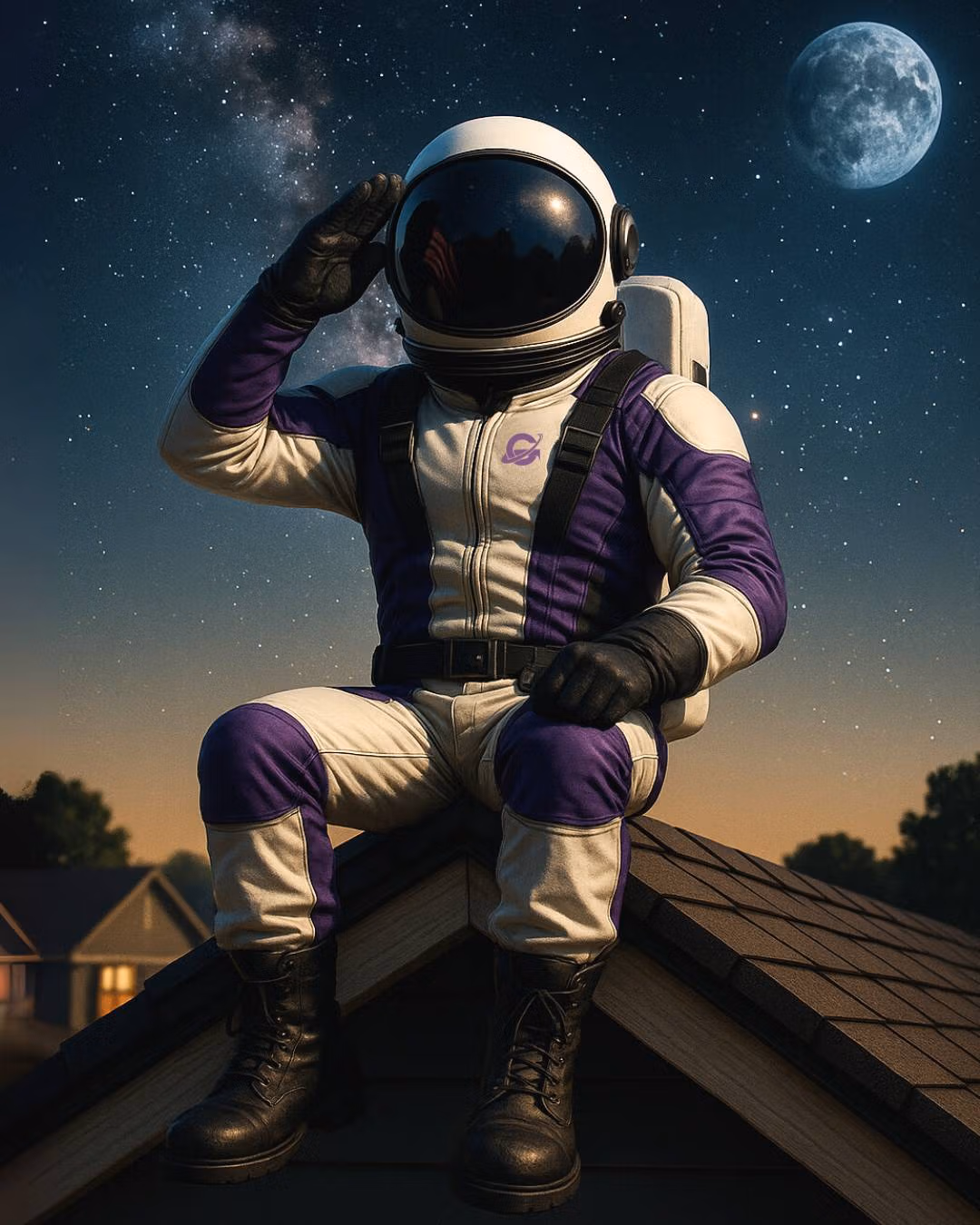 Gravinaut mascot sitting on a roof at night, symbolizing Gravity Roofing’s out-of-this-world service.