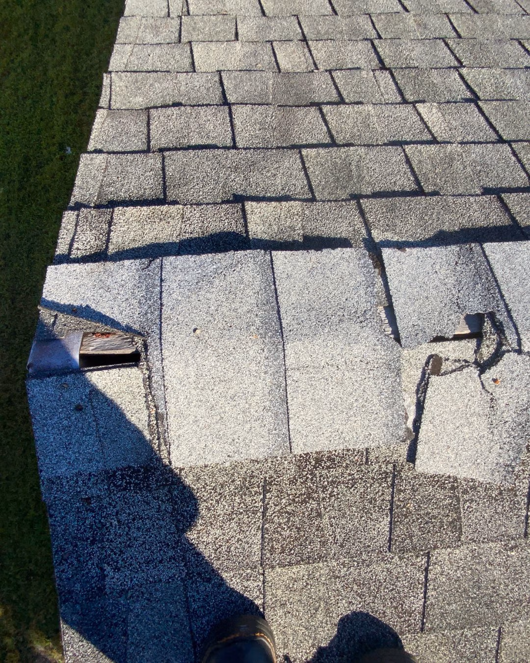 Close-up of damaged shingles