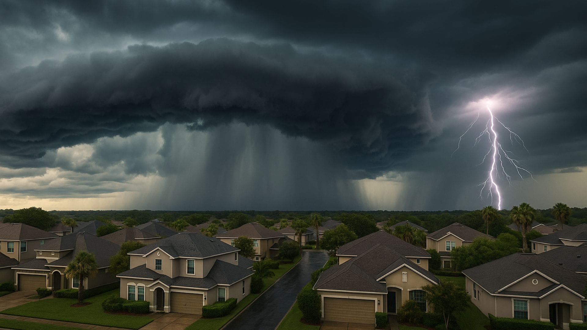 Dark storm clouds and lightning over suburban homes, emphasizing the need for a roof inspection