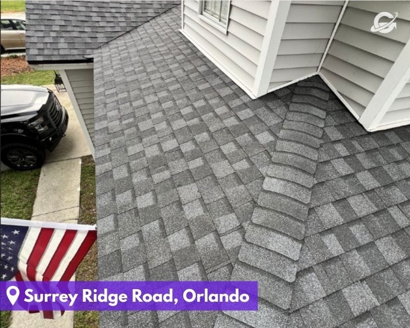 Shingle roof ridge installation by Orlando Roofing Company, Gravity Roofing on Surrey Ridge Road.