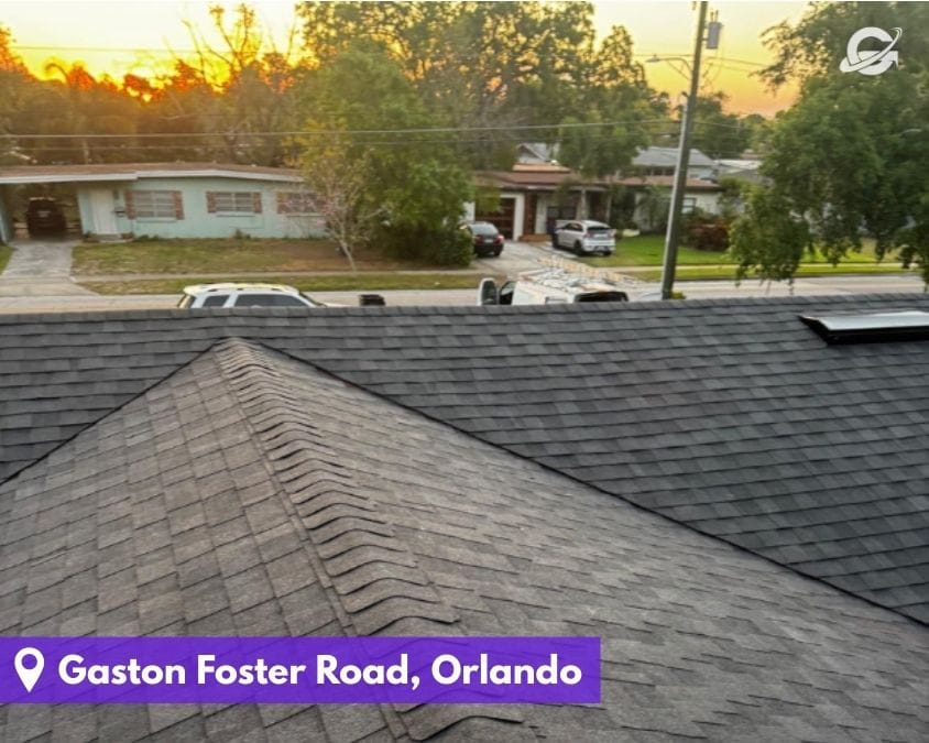 Roof ridge and shingle installation by Orlando Roofing Company, Gravity Roofing on Gaston Foster Road.