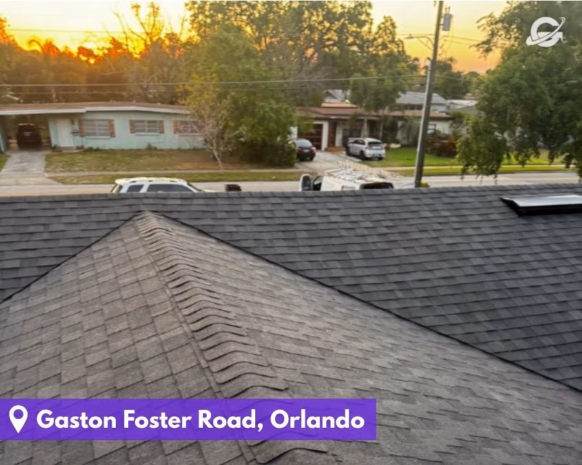 Roof ridge and shingle installation by Orlando Roofing Company, Gravity Roofing on Gaston Foster Road.