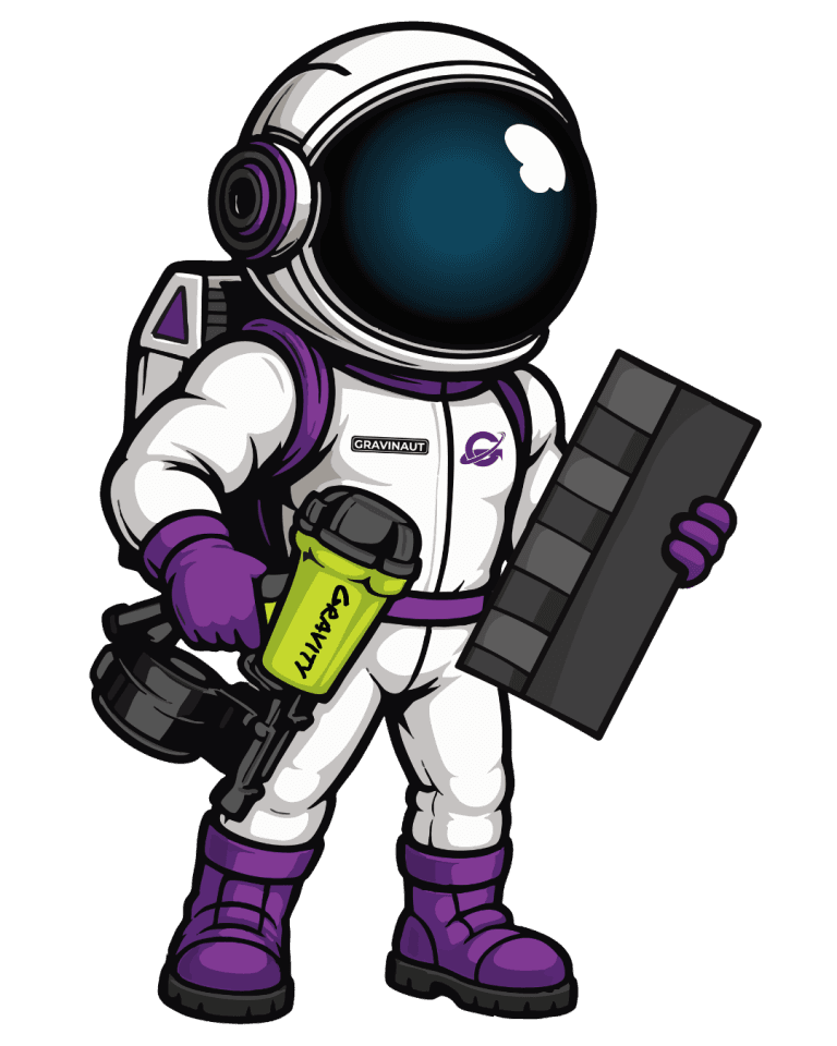 Gravity Roofing astronaut mascot holding roof shingles and roofing tools