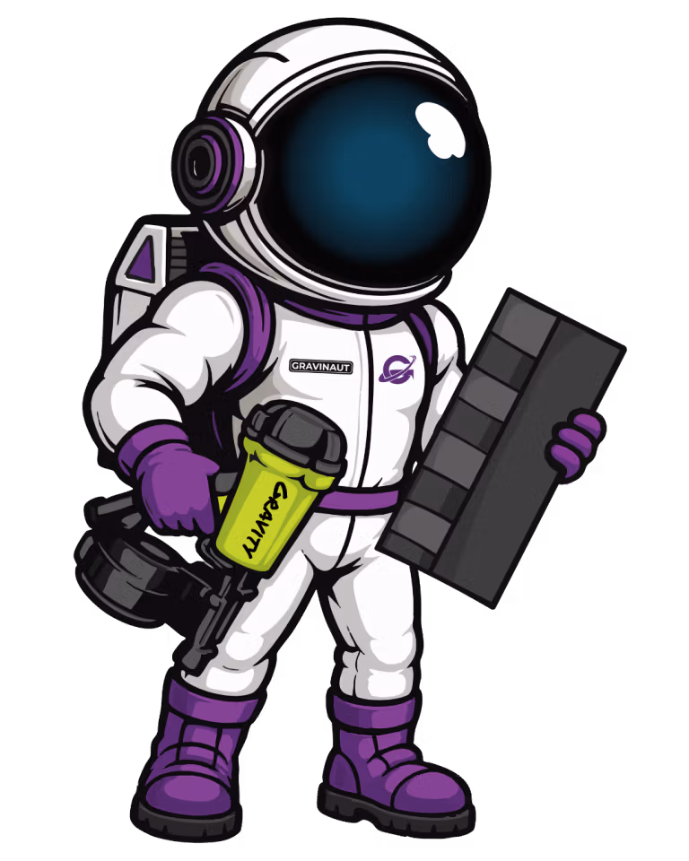 Gravity Roofing astronaut mascot holding roof shingles and roofing tools