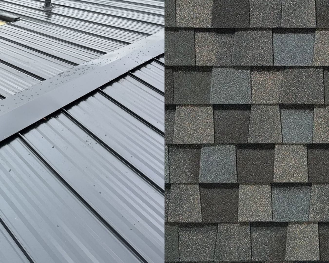 A side by side comparison showing the layered structure of asphalt shingles and the interlocking panels of a metal roofing system.