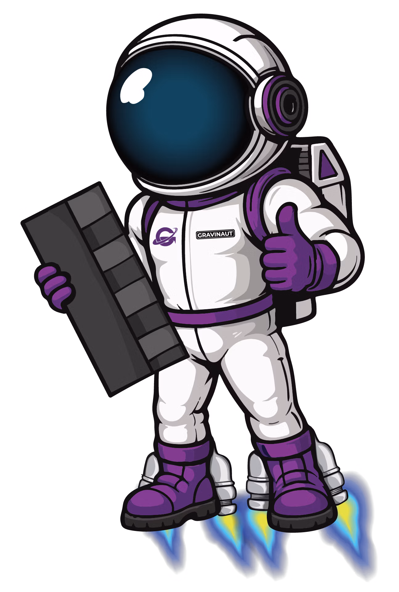 Gravity Roofing astronaut mascot holding roof shingles with rocket boots