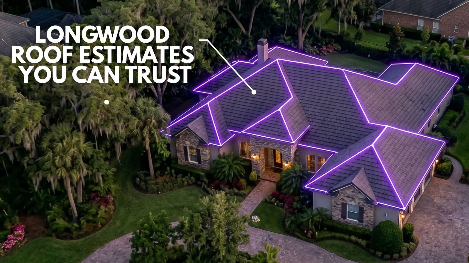 A high-resolution satellite view of a Longwood, FL home with significant oak tree coverage, being measured by the Online Roof Estimate Longwood tool for a full roof replacement Longwood project before June 1st.