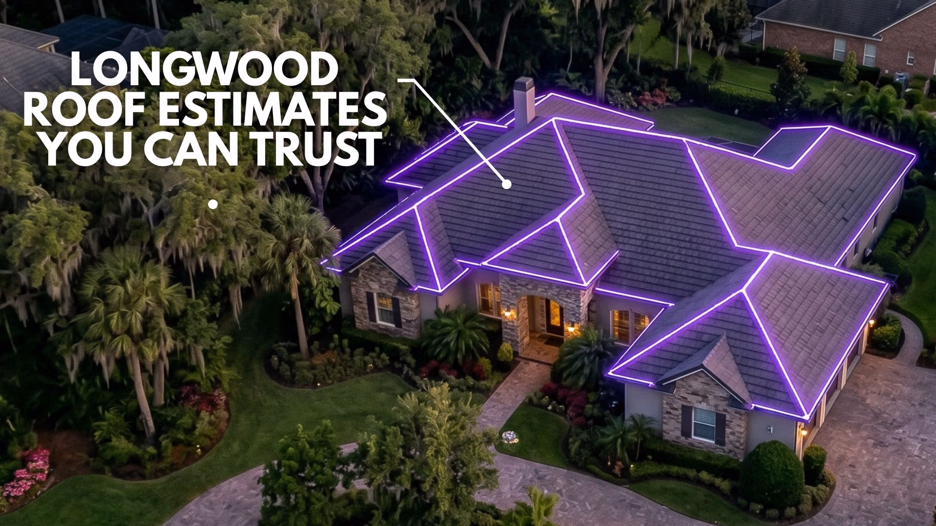 A high-resolution satellite view of a Longwood, FL home with significant oak tree coverage, being measured by the Online Roof Estimate Longwood tool for a full roof replacement Longwood project before June 1st.