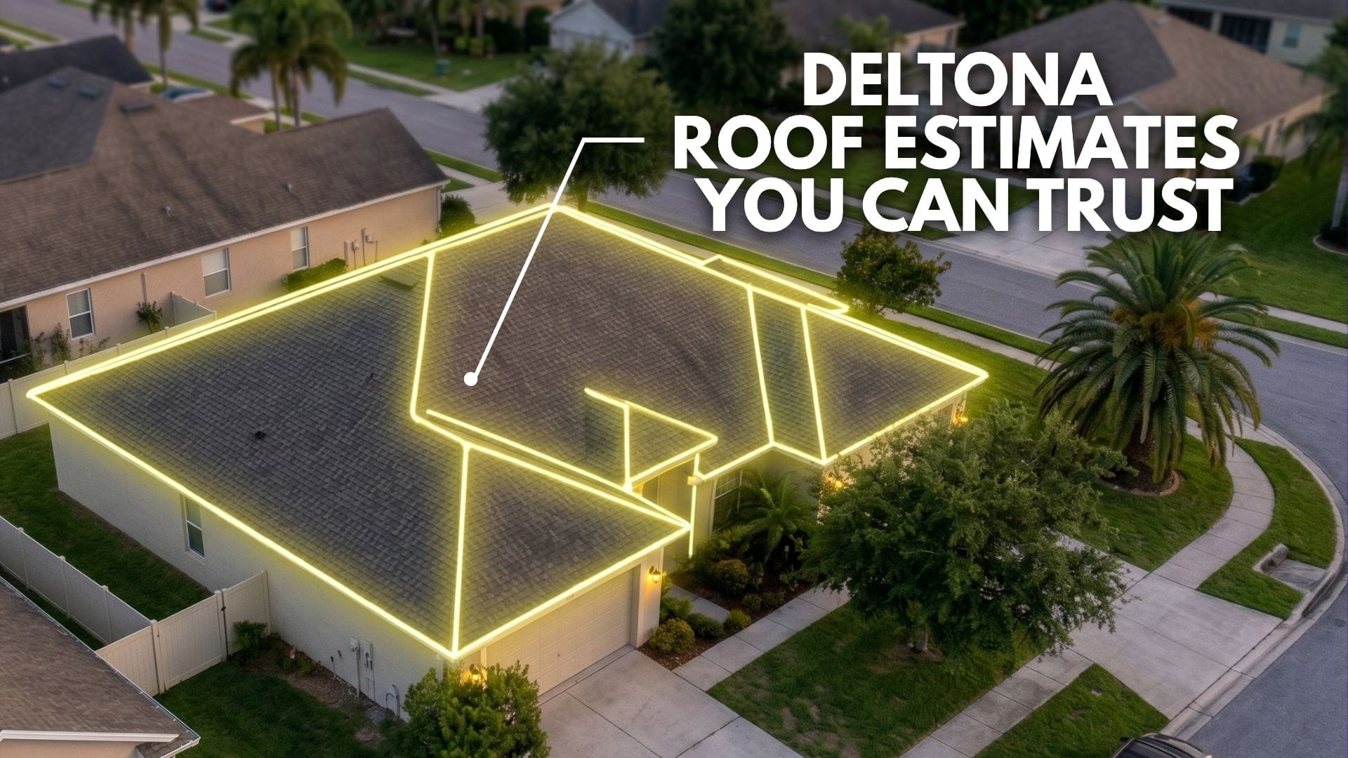 A high-resolution satellite view of a residential neighborhood in Deltona, FL, being analyzed for an Online Roof Estimate Deltona to prepare for the 2026 hurricane season.