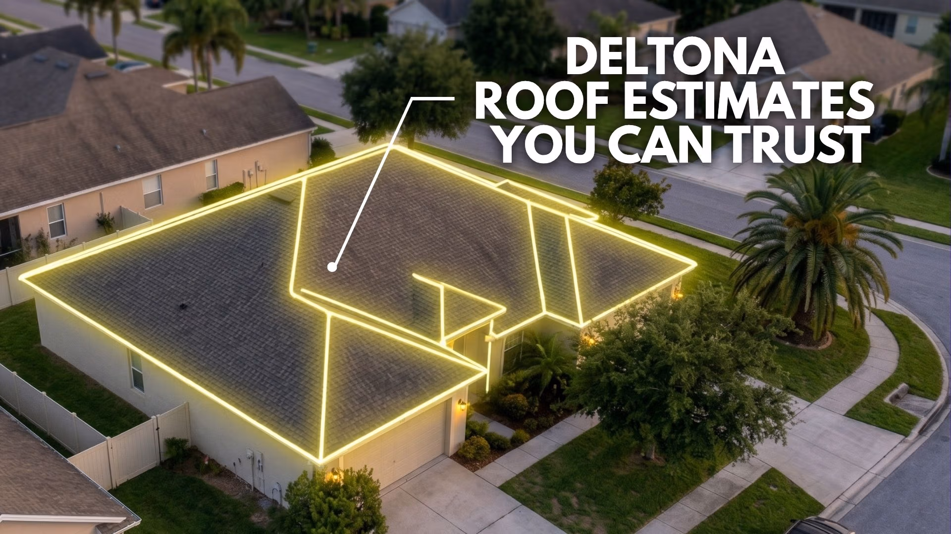 A high-resolution satellite view of a residential neighborhood in Deltona, FL, being analyzed for an Online Roof Estimate Deltona to prepare for the 2026 hurricane season.