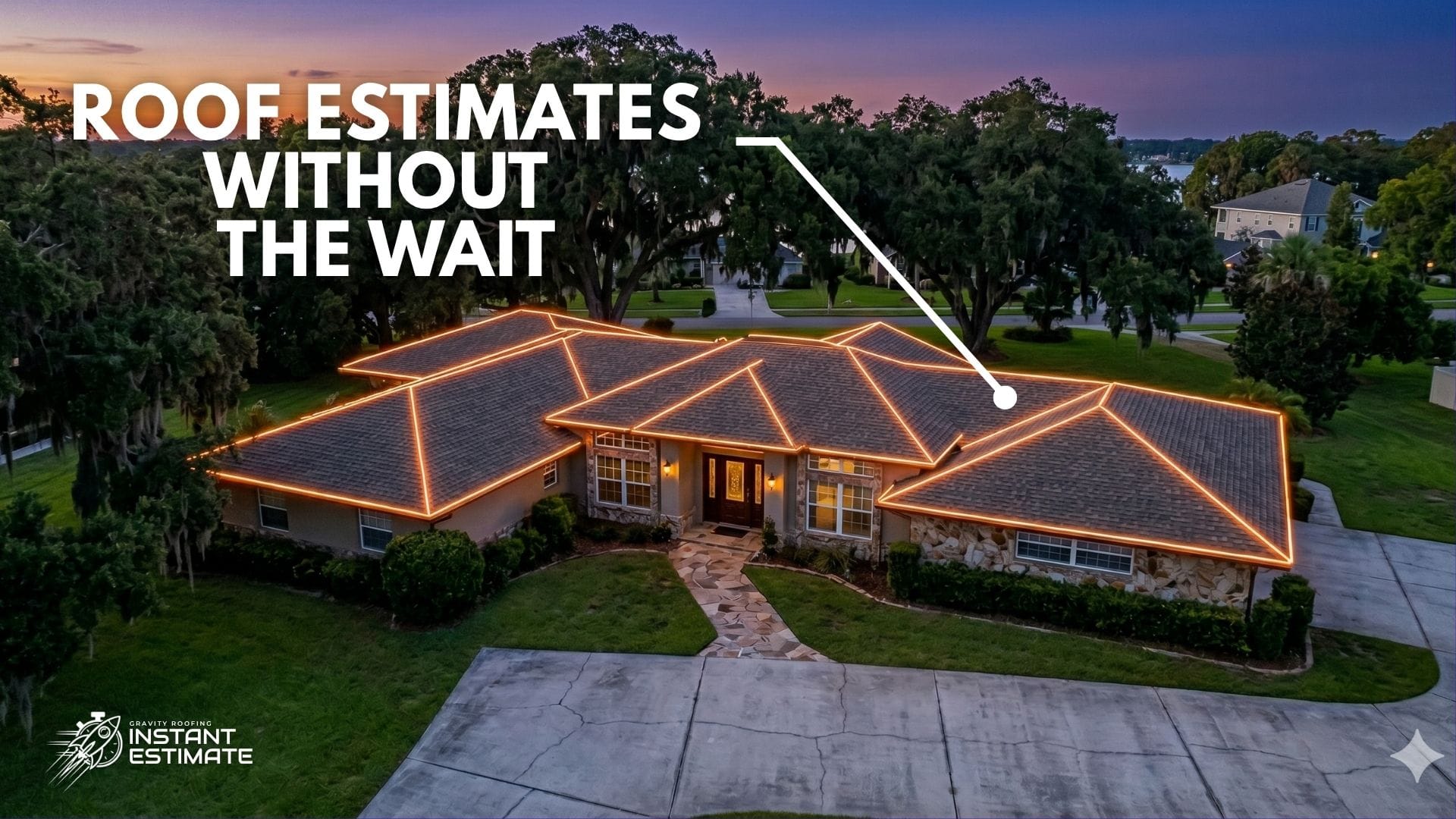 Image Alt Text: An aerial view of a neighborhood near Lake Eustis in Florida, being digitally mapped for an Online Roof Estimate Eustis ahead of the 2026 storm season.