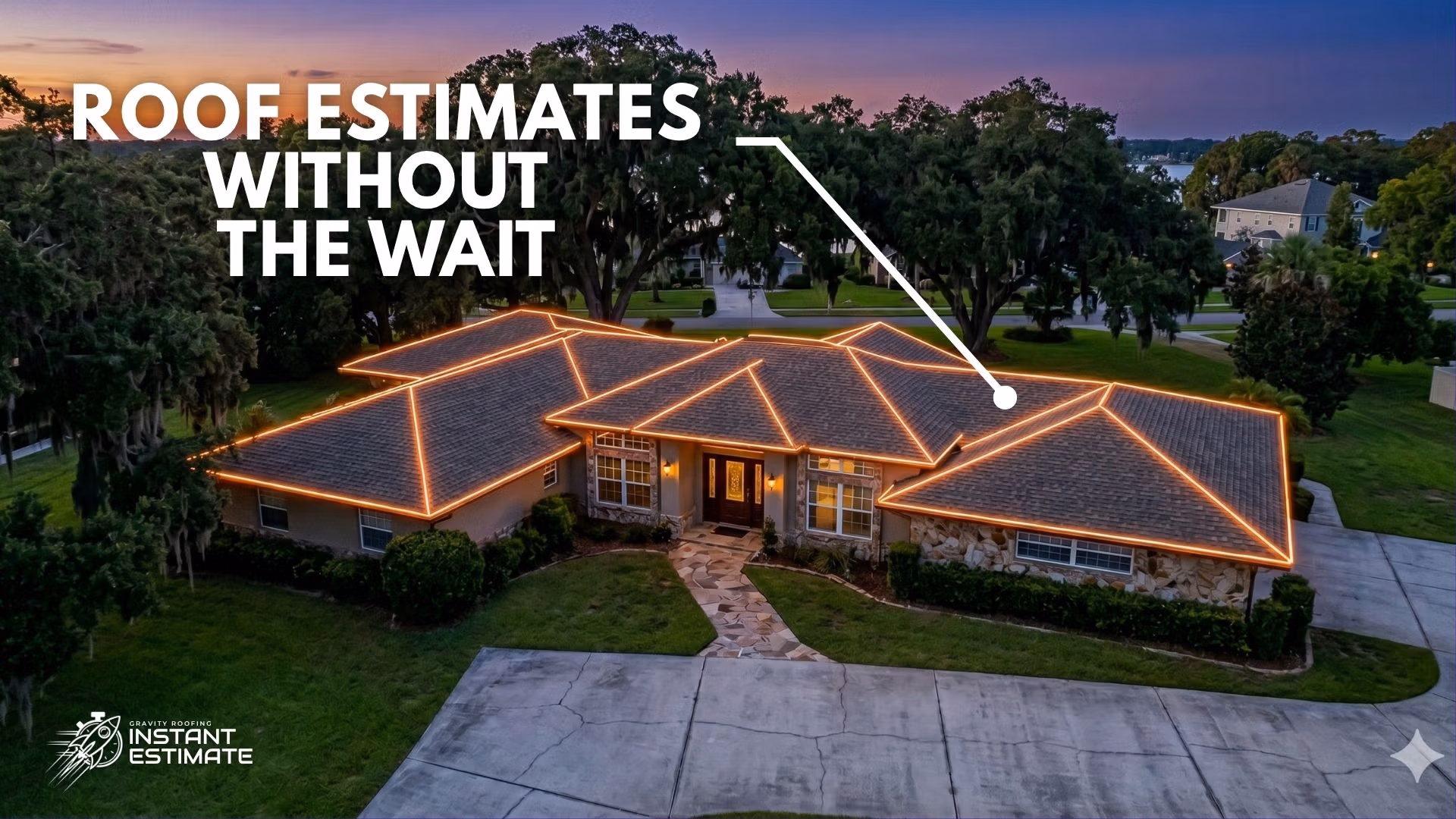 Image Alt Text: An aerial view of a neighborhood near Lake Eustis in Florida, being digitally mapped for an Online Roof Estimate Eustis ahead of the 2026 storm season.
