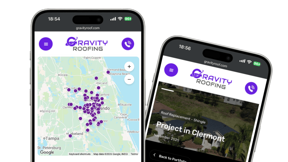 Map showing roof repair and replacement projects completed by Gravity Roofing across Central Florida