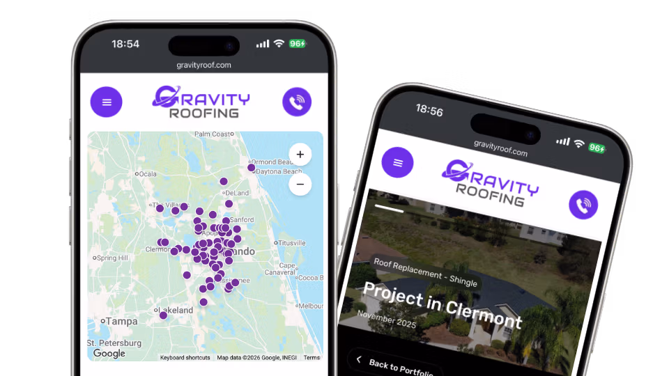 Two phone mockups displaying Gravity Roofing's Central Florida roofing project map and a completed roof replacement in Clermont