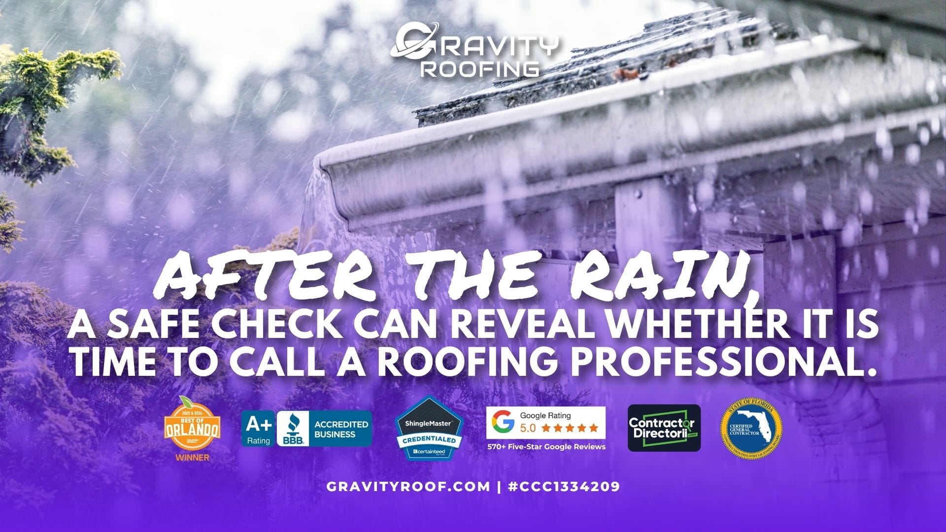 Roof damage after heavy rain warning graphic showing rainwater pouring from a residential gutter