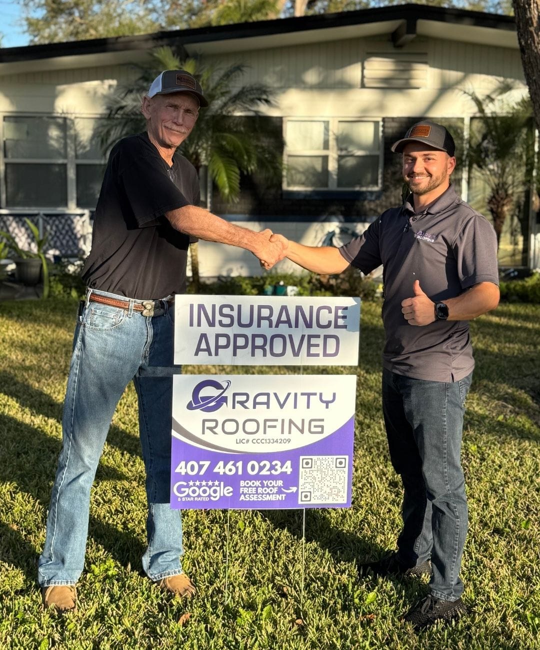 Gravity Roofing representative with a homeowner after insurance approval for a roofing project in Central Florida. Gravity Roofing - Best Roofer in Orlando