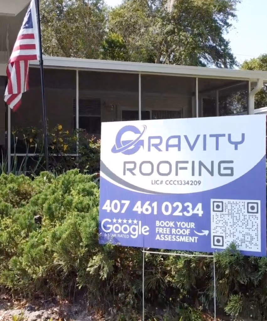 Gravity Roofing project sign outside a Central Florida home