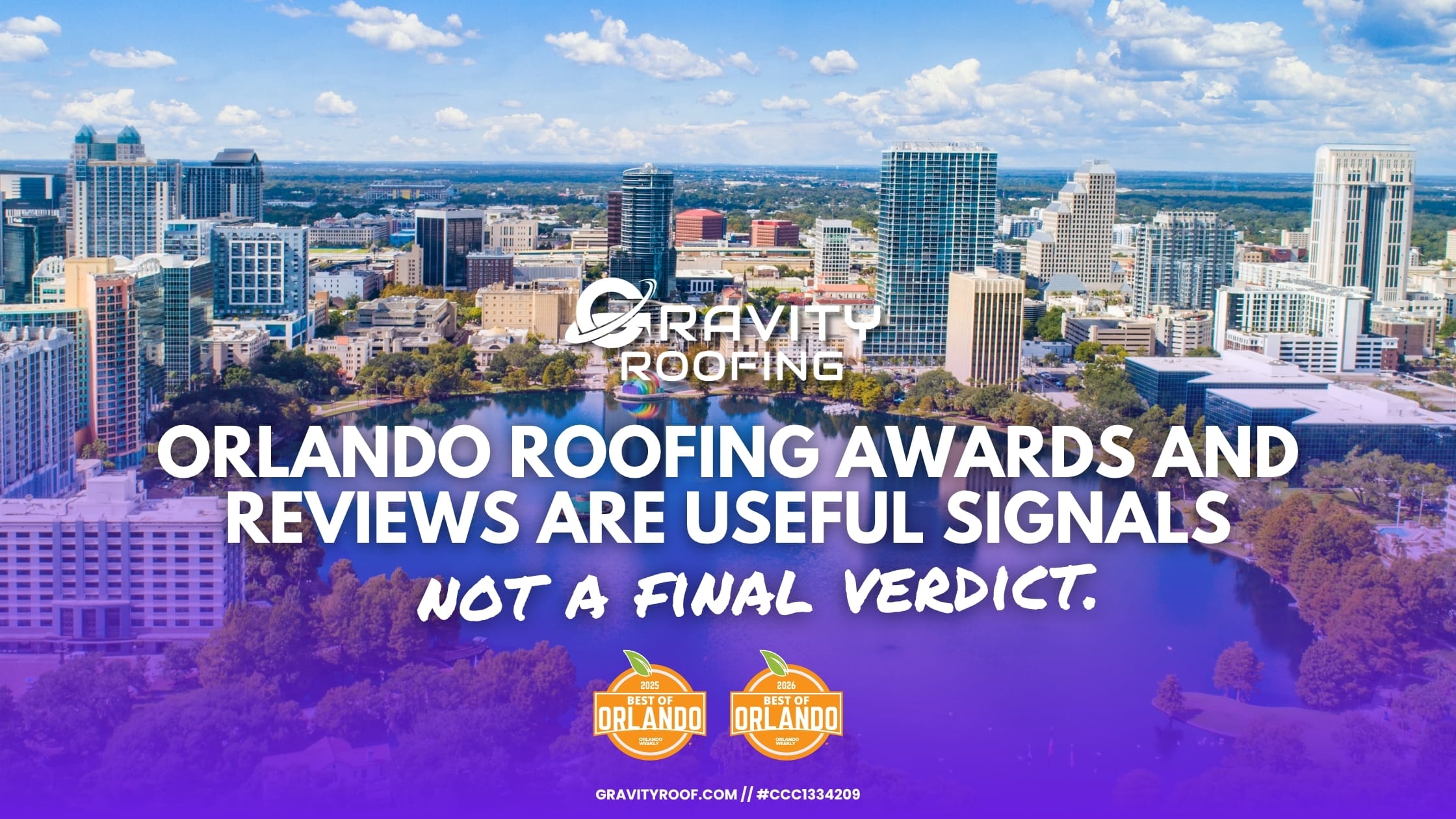 Orlando roofing awards and reviews: Gravity Roofing proof stack with official recognition, customer feedback, credentials, and completed local work